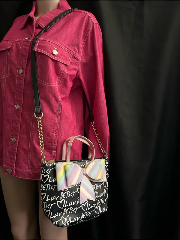 Betsey Johnson Graffiti Print Black Shoulder Bag With Pastel Striped Bow - Image 4