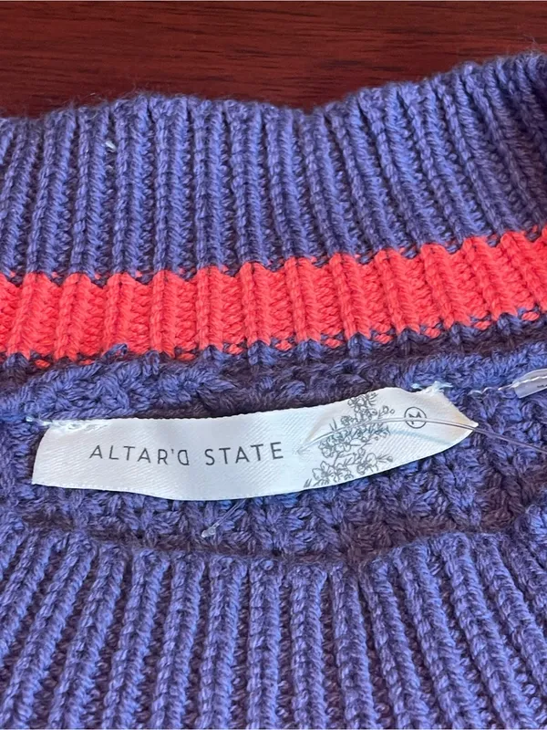 Altar'd State Striped Chunky Knit Fisherman Sweater Slouchy Blue Beige Size M - Image 7