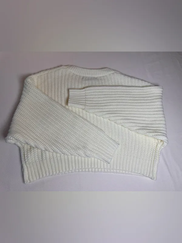 Women’s Cream Chunky Knit Sweater Size Small Short Cozy Ribbed Pullover - Image 7