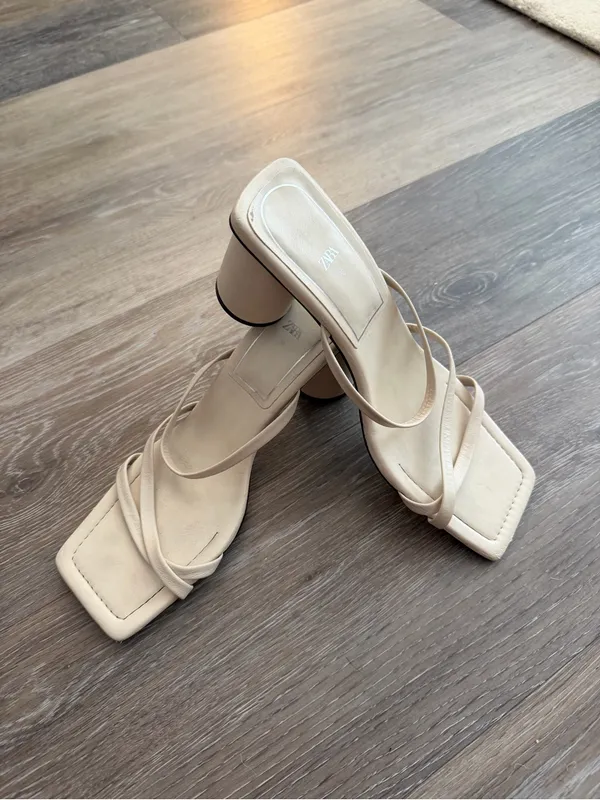 Zara Beige Strappy Round-Block Heel Sandals - Image 4