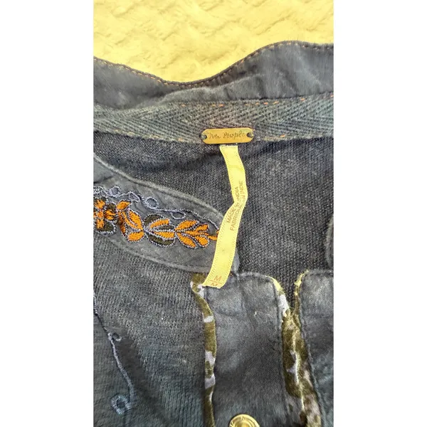 Free People Navy Blue Embroidered Floral Henley Top Cotton Linen Blend Medium - Image 5