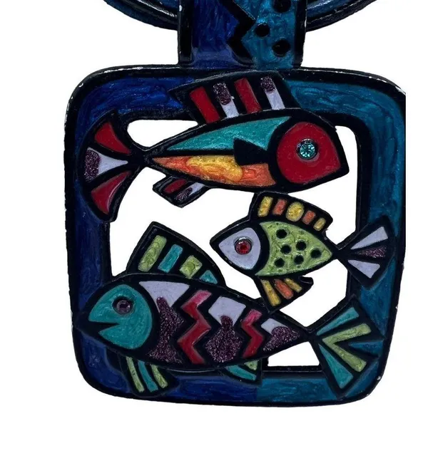 Chico's Chicos Leather 5 Strand Necklace Fish Enamel Pendant Adjustable 19.5" RE - Image 2
