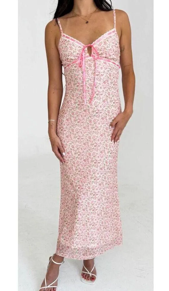PRINCESS POLLY The Veronica Satin Floral Midi Dress Spaghetti Strap V Neck Sz 10 - Image 2