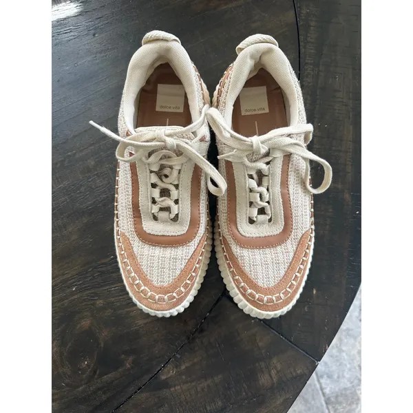 Dolce Vita Dolen Cream Tan Suede Knit Platform Sneakers Women Shoes GUC size 8.5 - Image 2