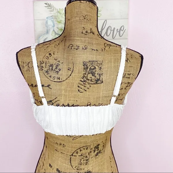 Zara‎ Textured Cotton Linen Blend Smocked Back Peasant Crop Top White Large NWT - Image 5