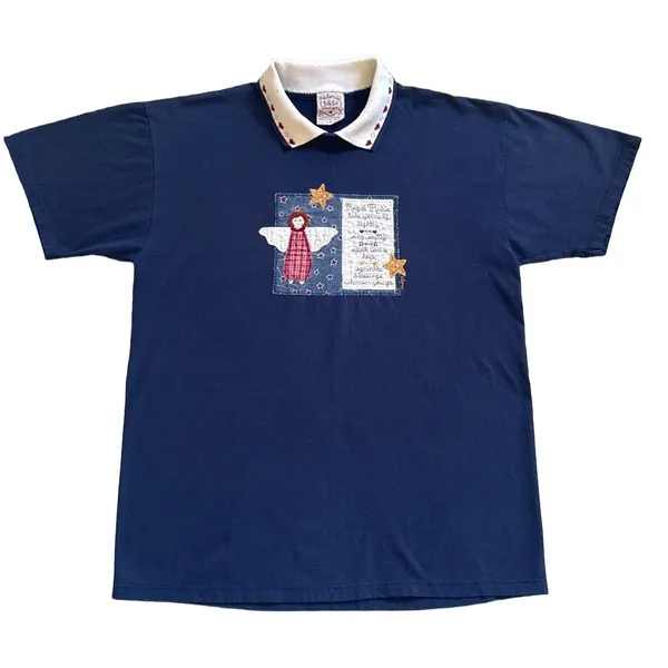 Vintage Valories Folk Art Applique Blue Shirt Angel Rules Hearts L USA 80s 90s - Image 3