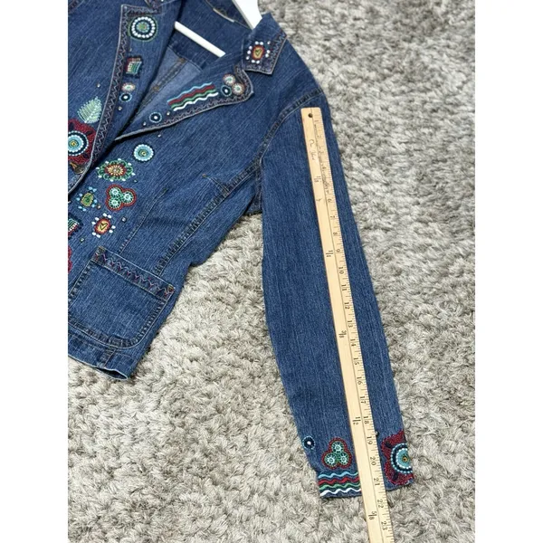 Women’s Aztec Embroidered Denim Jacket Boho Western Floral Pocket Size S - Image 12