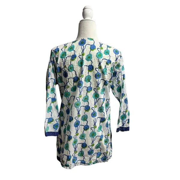 Gretchen Scott Long Sleeve Tunic Top Blouse Floral Blue Green Cotton Medium - Image 2
