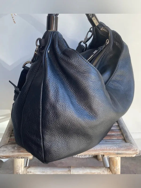 Y2K Kenneth Cole black pebbled leather slouchy hobo studded handle shoulder bag - Image 14
