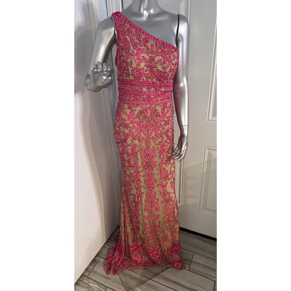 Sherri Hill 54250 One Shoulder Beaded Prom Gown Pink Nude Size 8 Dress - Image 16