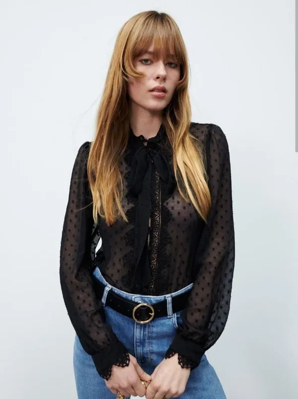NWT ZARA sheer long sleeve with lace, casual shirt size XS - Image 5