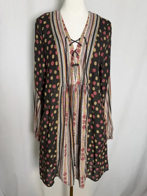Free People Black Floral & Stripe Lace-Up Long Sleeve Mini Dress - Image 2