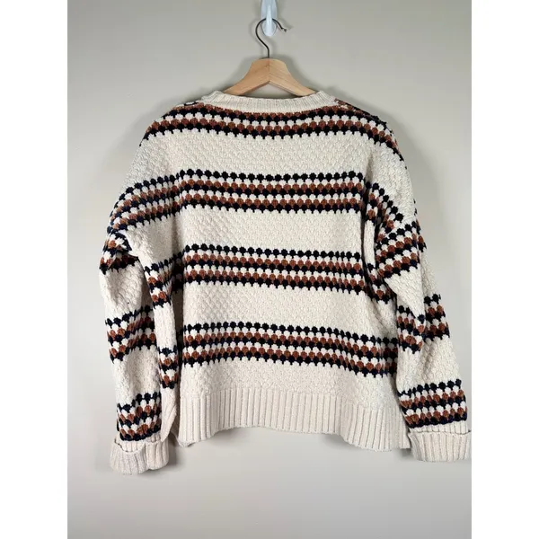 Forever 21 Womens Chenille Popcorn‎ Knit Striped Sweater Cream Brown Navy Small - Image 5