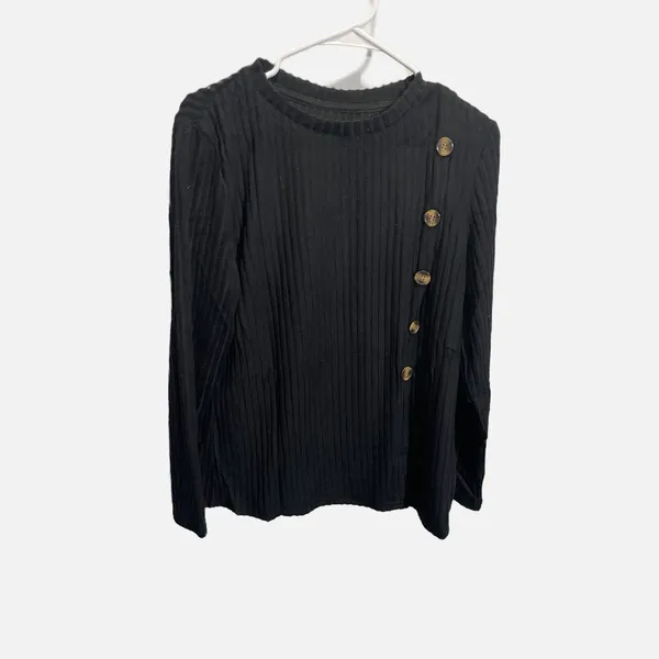 Womens Black Ribbed Knit Long Sleeve Top Asymmetrical Button Accent Boho‎ Large - Image 2