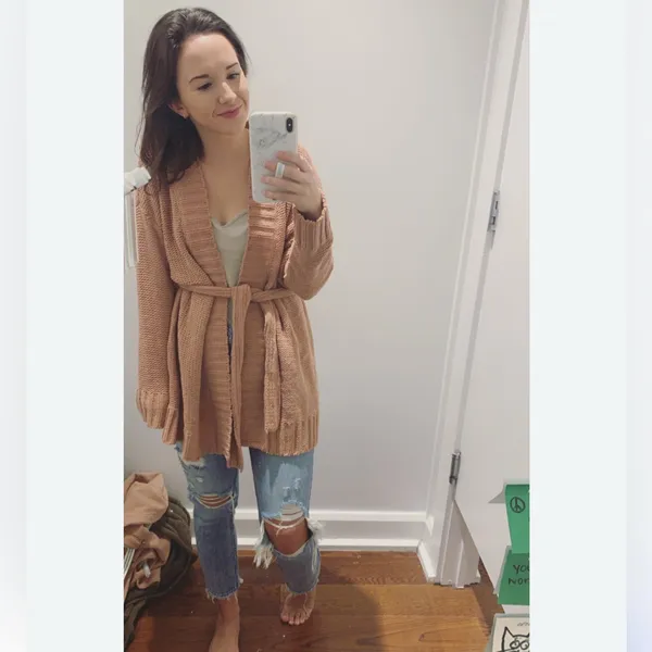 Aerie Light Brown/Tan Belted Mid-Length Cardigan Sweater | Size Medium - Image 10