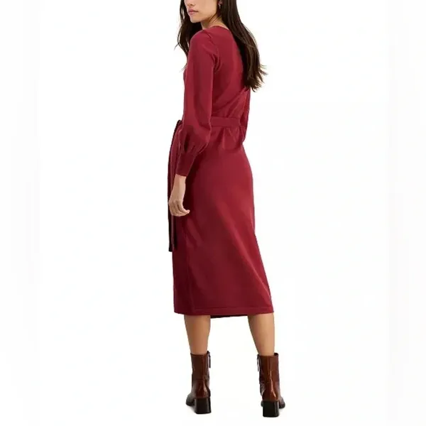 Taylor Faux-Wrap Belted‎ Midi Sweater Dress - Size S - Cognac - NWT - Image 2