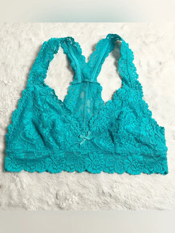 Teal Blue Lace Racerback Bralette Size Medium Aqua Wireless Comfort Lacy Stretch - Image 11