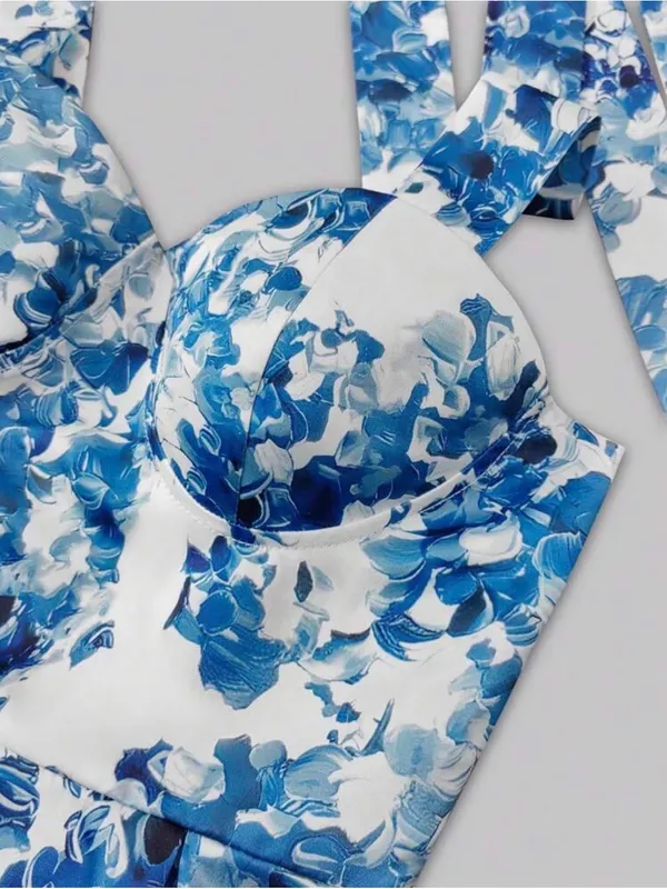 SHEIN White and Blue Floral Tie-Shoulder Sweetheart Mini‎ Dress - Image 3