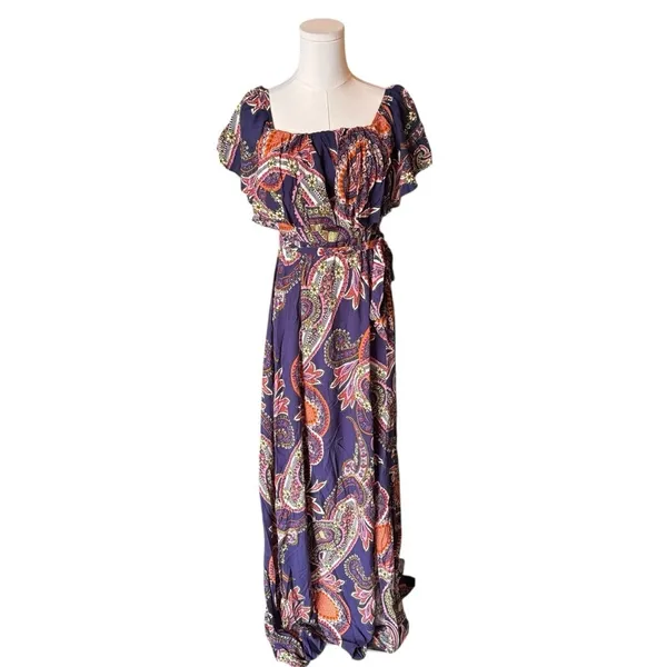 Baltic Born - Off Shoulder Maxi Dress Purple Paisley Sz M - Image 2