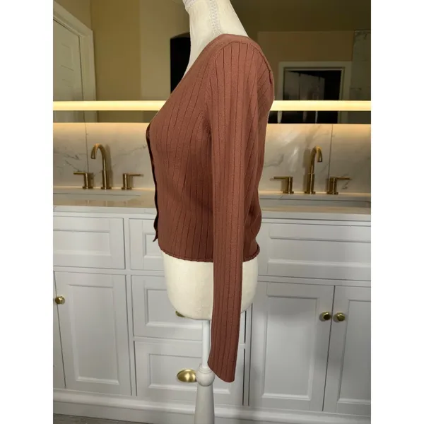 Abercrombie & Fitch Cardigan Womens Medium Brown Ribbed V Neck Button Front Knit - Image 5