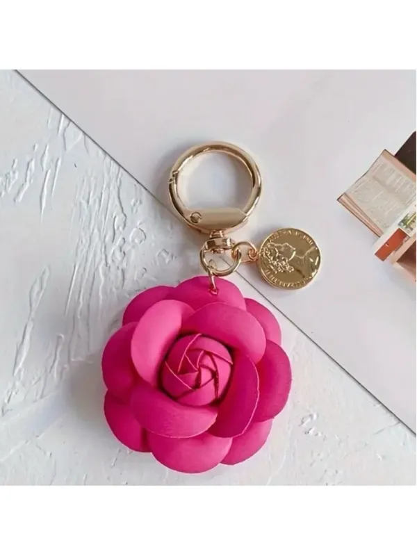 NEW Camellia Rose Bag Charm Keychain Fuchsia Pink Vegan Leather Floral Charm NWT - Image 2