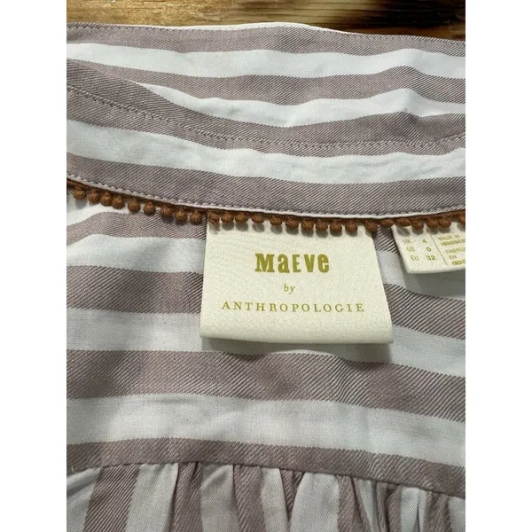 Anthropologie Maeve Wrap Surplice Blouse White Tan‎ Striped Women Size 0 Cottage - Image 3