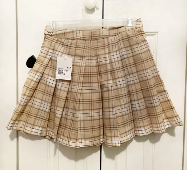 Plaid Pleated Mini Skirt Tan - Image 2