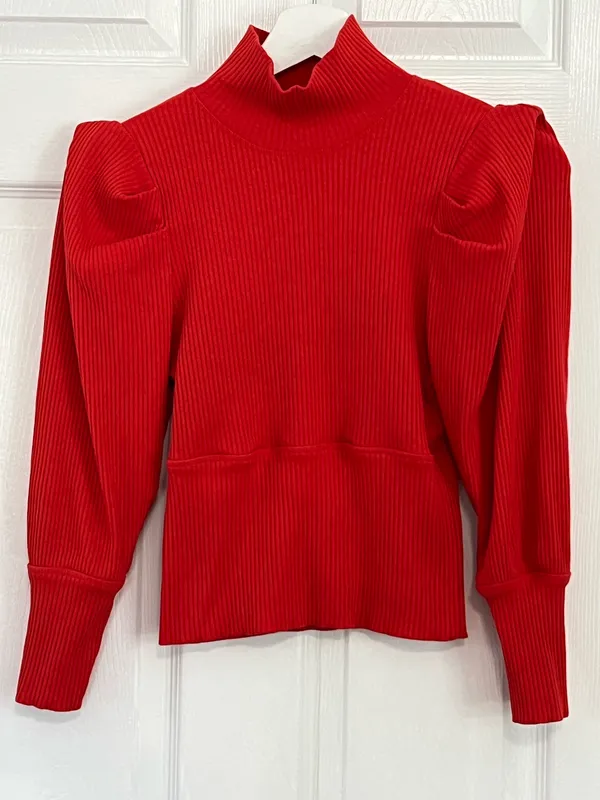 Free People Red Ribbed Mock Neck Puff Sleeve Knit Top Romantic Coquette Boho M - Image 2