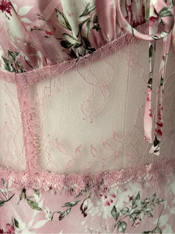 Forever 21 Size L Lace-Trim Midriff Panel Satin Floral Maxi Dress Cap Sleeves - Image 5