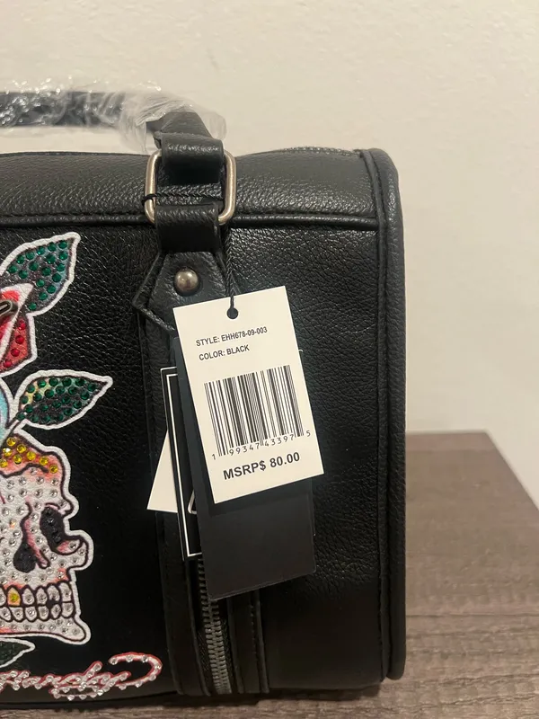Ed Hardy Black Embellished Skull & Rose Satchel Bag w/ Strap - Image 6