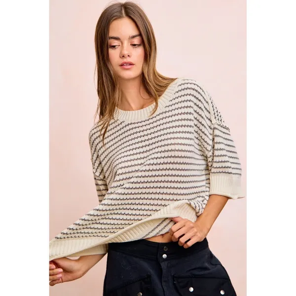 BiBi Stripes Short Sleeves Rib Banded Outseam Knit Top‎ - Cream/Grey - Medium - Image 2