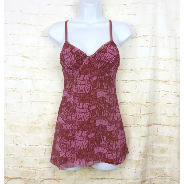 Urban Outfitters Love Mesh Tank Top Women S Pink Brown Sheer Cami Cut Hem Y2K - Image 3