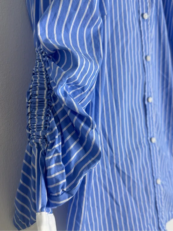 White House Black Market Striped Button Up Blouse Size 4 Ruched Sleeve - Image 5