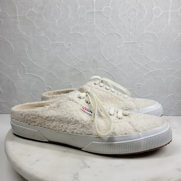 SuperGA Teddy Shearling Mule Sneakers US 9.5 Ivory Slip On Sherpa Boucle Cozy - Image 5