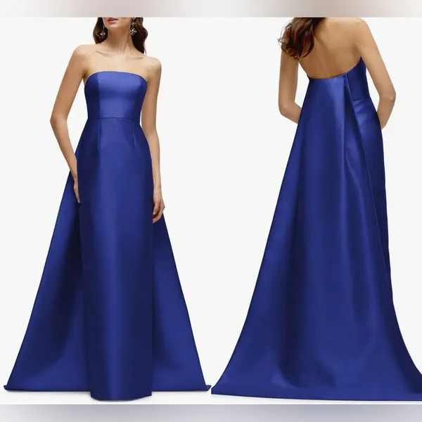 NEW Alfred Sung Strapless Satin Twill Column Gown w/ Removable Train sz 8 Blue - Image 2