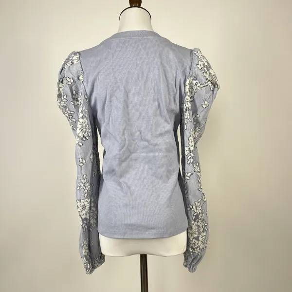 NWOT Anthropologie DOLAN Lace Puff-Sleeve Top Blue Size L Long sleeve - Image 9