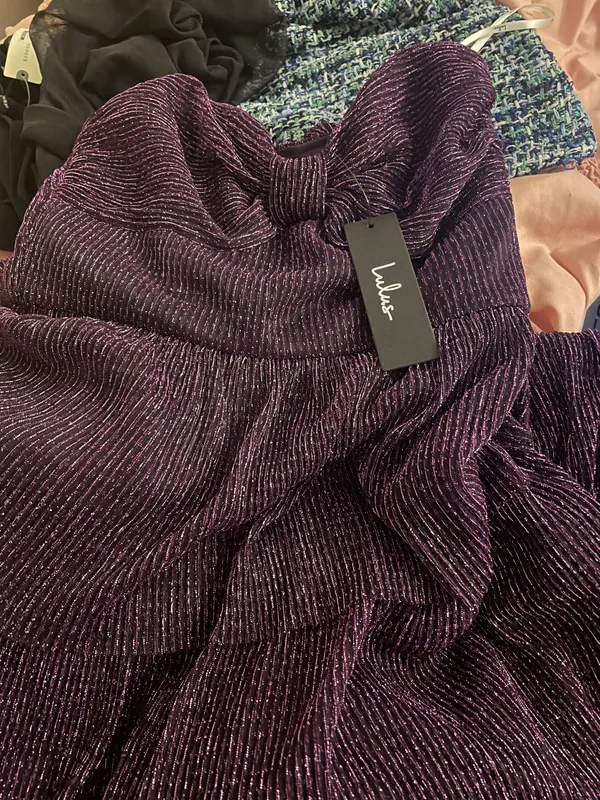 Lulus NWT Tier to Dance Purple Shiny Lurex Tiered Strapless Midi Dress - Image 6