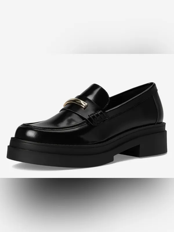 Steve Madden Black Leather Lug Sole Penny Loafers with Gold Hardware Size 10 - Image 6