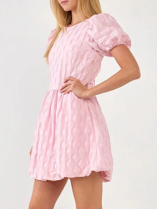 English Factory Textured Balloon Sleeves Bubble Hem Mini Dress Pink - Image 3