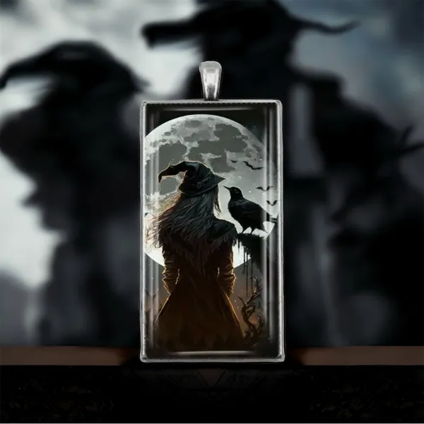 1pc Witch & Crow Pattern Rectangular Pendant Necklace Exquisite Silver Plated‎ - Image 9