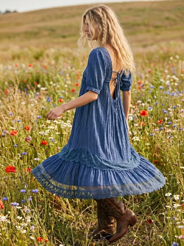 Free People Bohemian Cottage Americana Star Lace Calder Midi Dress Large - Image 4