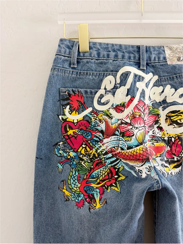 Ed Hardy Y2K Tattoo Snake Painted Tiger Koi Fish Oversized Wide Leg Jeans Sz 26 - Image 8