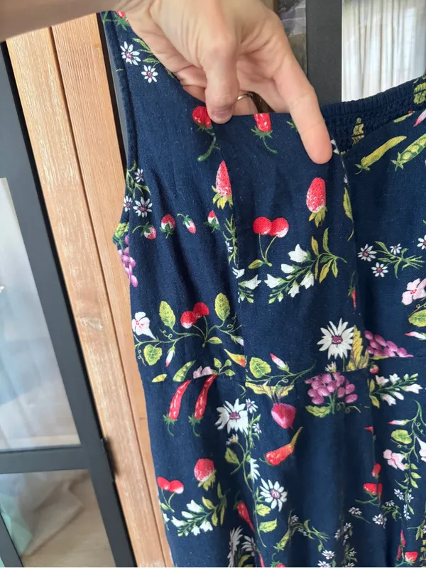 Old Navy fruits veggies midi dress linen fit & flare navy sleeveless pockets - Image 8