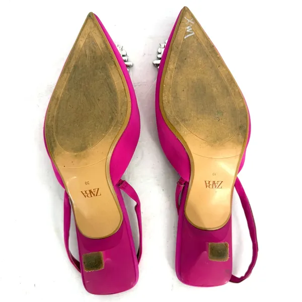 Zara Fuchsia Pink Rhinestone Buckle Slingback Kitten Heels Women's EU 39 US 8 - Image 6