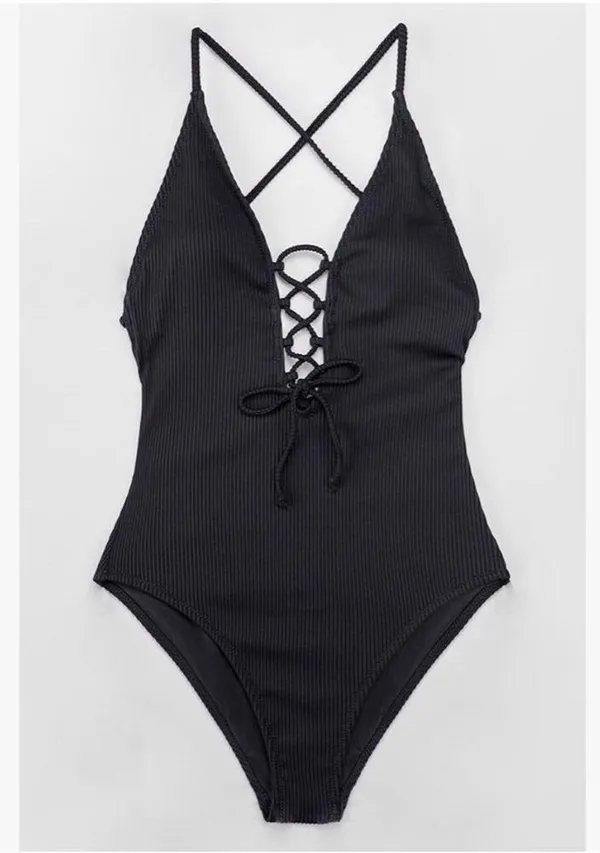 CUPSHE Black Ribbed V-neck lace up one piece swimsuit small NEW - Image 2