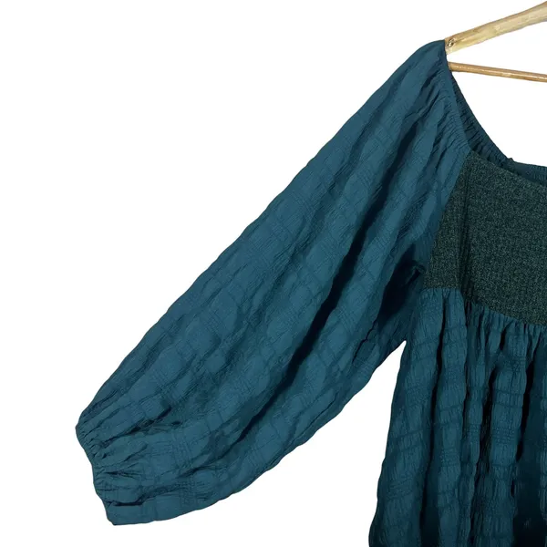 VICI Smocked Textured Babydoll Balloon Sleeve Tunic Top Teal Boho Size Medium - Image 3