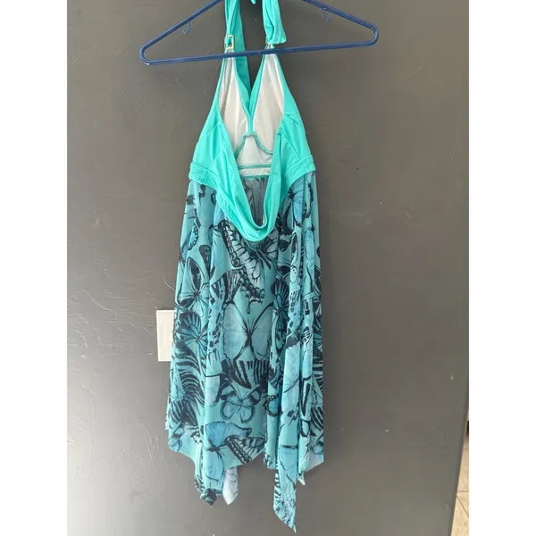 Turquoise Butterfly Print Halter Swim Dress‎ Gold Hardware Mesh Skirt Medium - Image 4