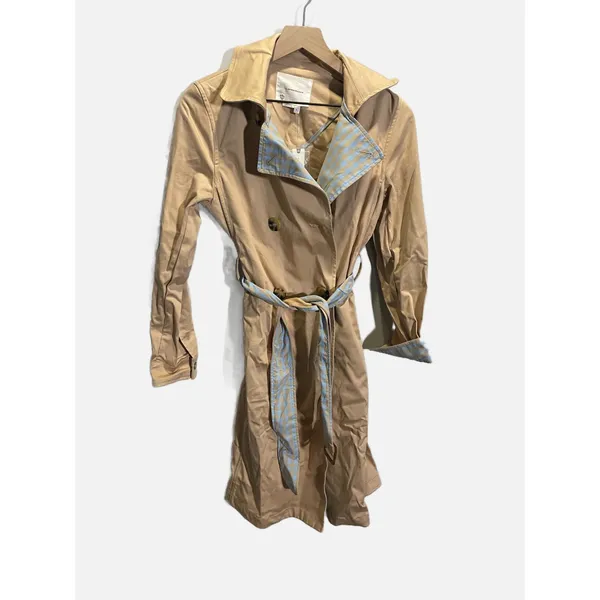 Anthropologie Trench Coat Womens S Tan Gingham Trim Double Breasted Classic Chic - Image 2