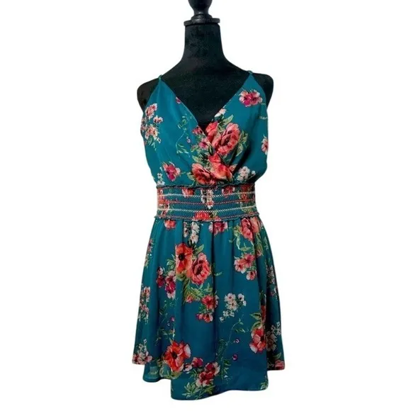 Xhilaration Women XL Teal Green‎ Floral Surplice Smocked Mini Sleeveless Dress - Image 2
