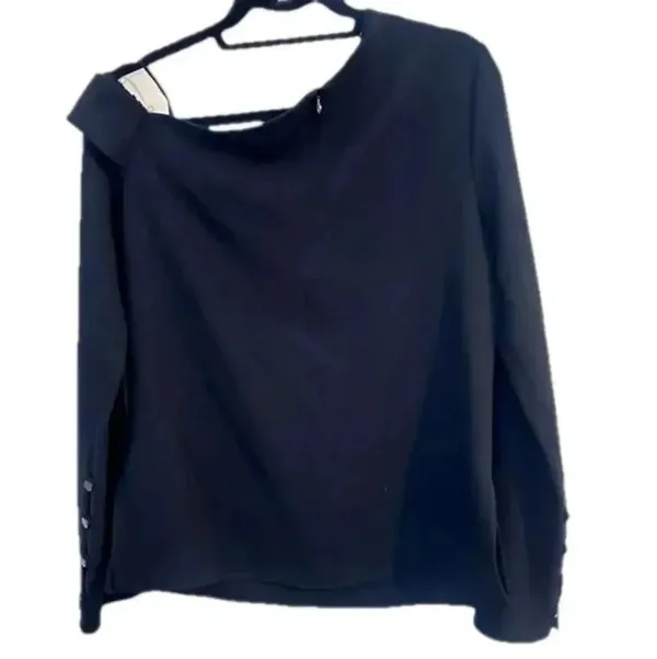 TIBI Asymmetrical Top Black Pullover One Shoulder‎ Long Sleeve Button Women’s 6 - Image 2
